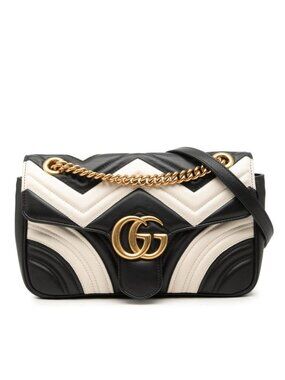 Gucci GG Marmont Quilted Chain Shoulder Bag Black White Leather